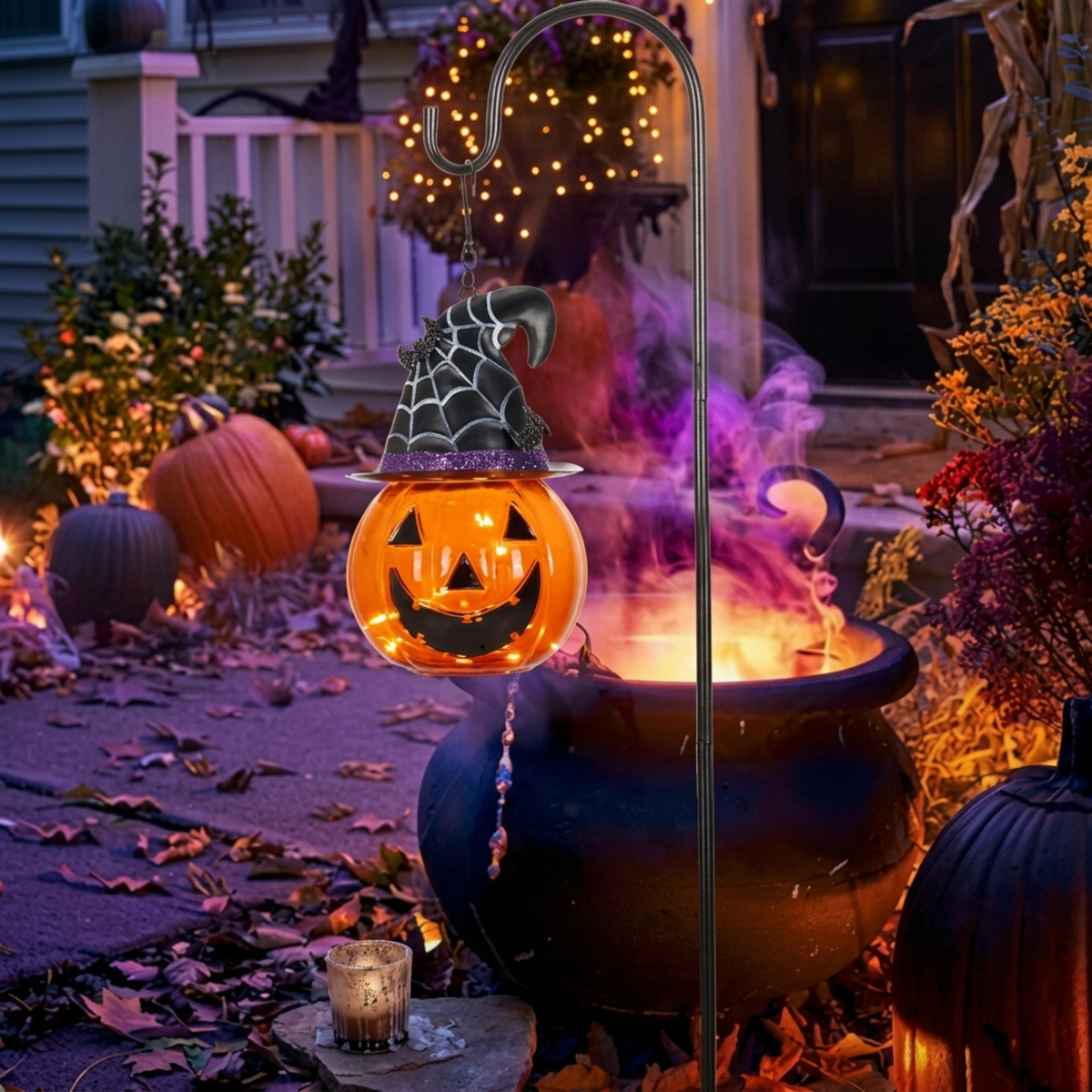 36-Inch Glass Solar Lantern – Pumpkin & Bat Design