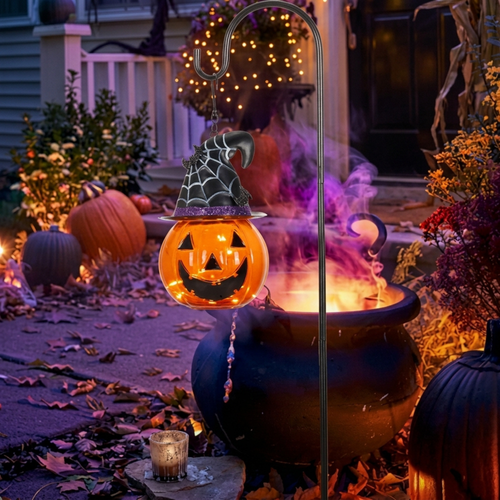 36-Inch Glass Solar Lantern – Pumpkin & Bat Design