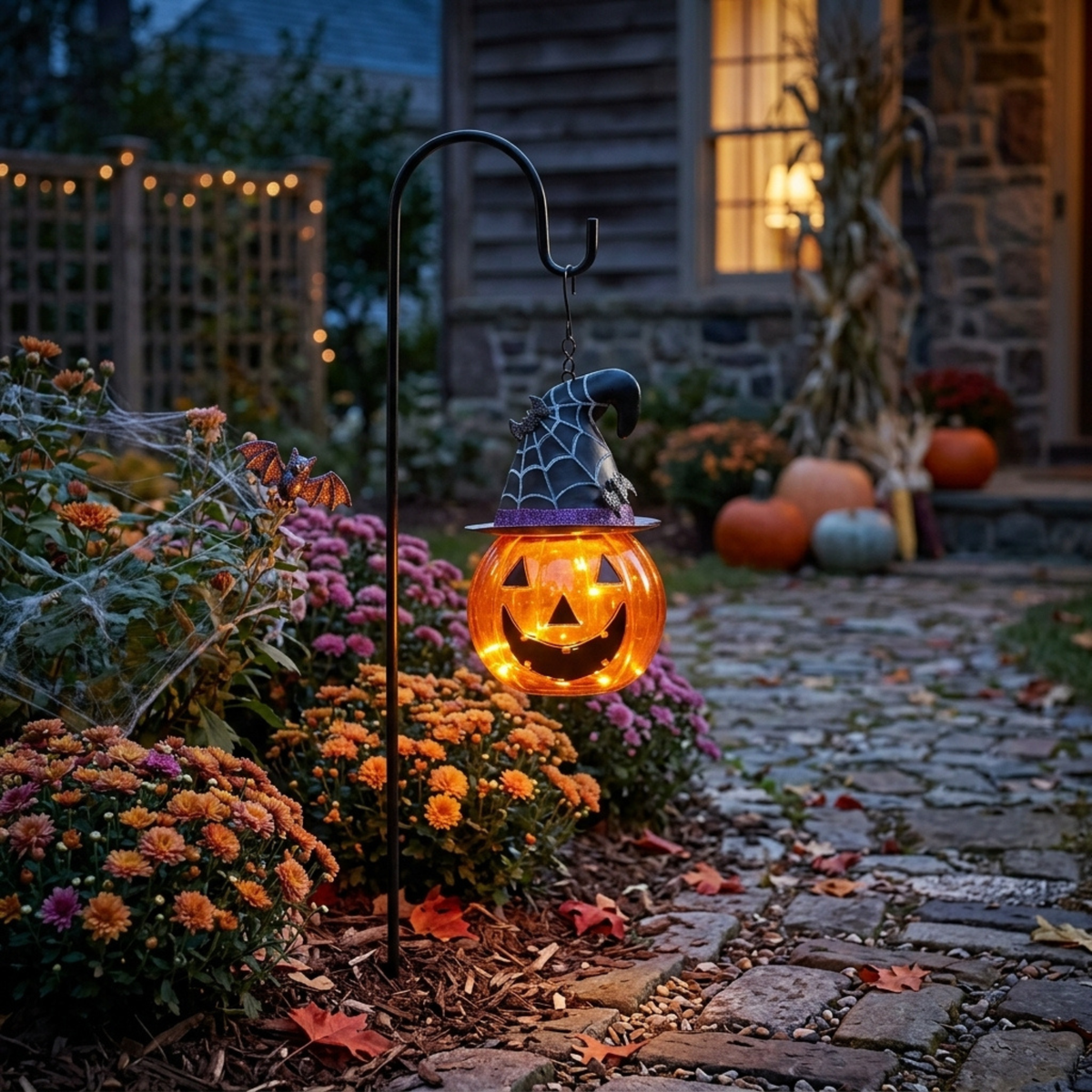 36-Inch Glass Solar Lantern – Pumpkin & Bat Design