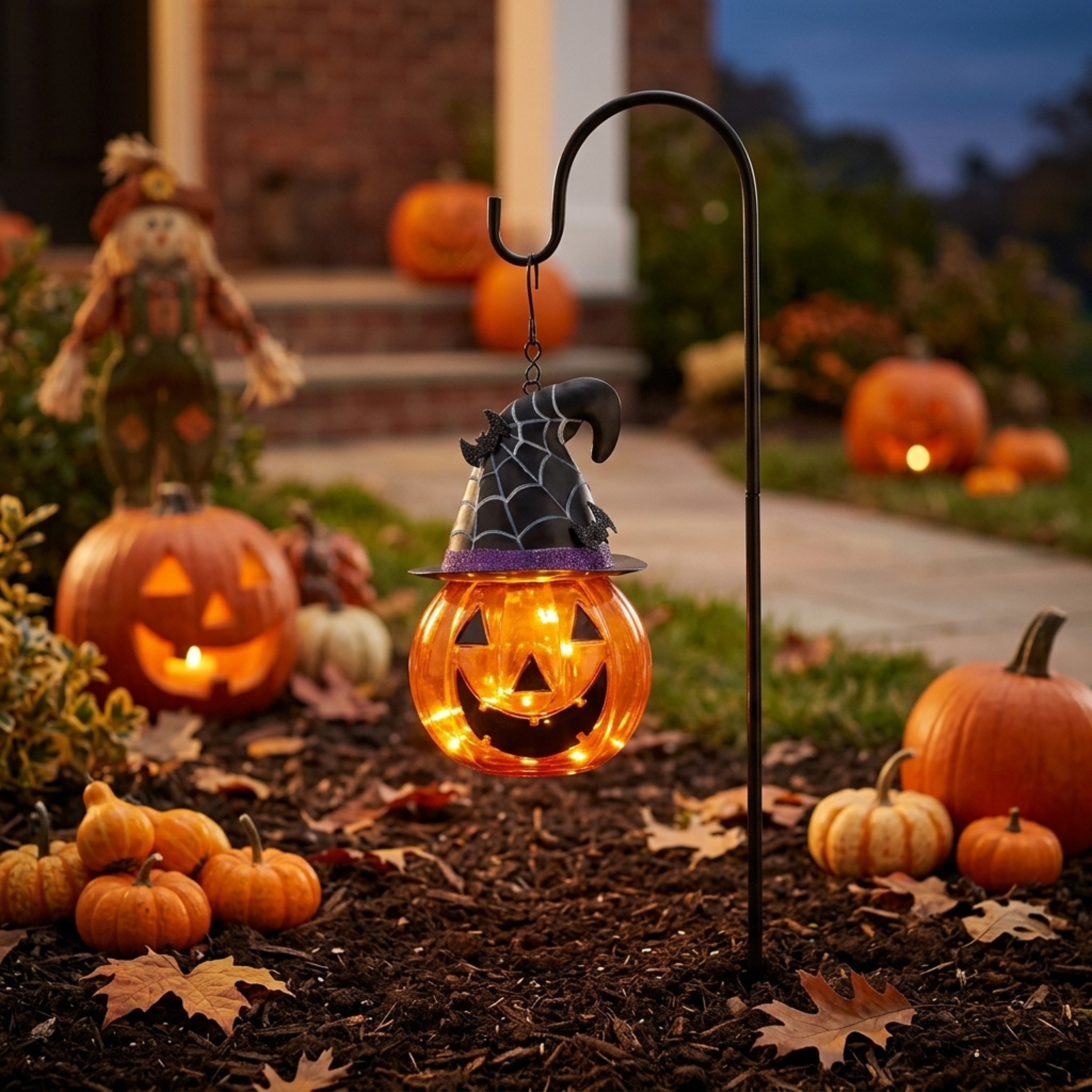 36-Inch Glass Solar Lantern – Pumpkin & Bat Design