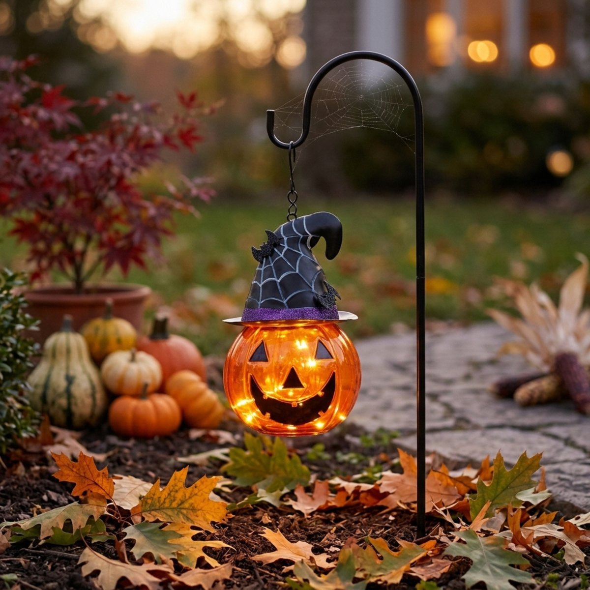 36-Inch Glass Solar Lantern – Pumpkin & Bat Design