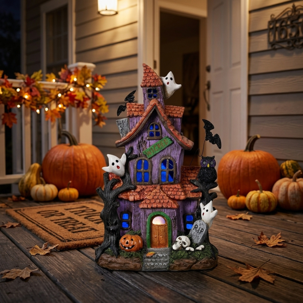Lighted Halloween Village Houses – 12-Inch Resin Spooky Town