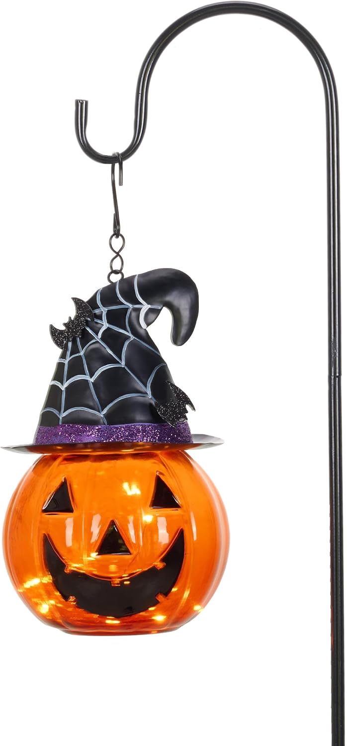 36-Inch Glass Solar Lantern – Pumpkin & Bat Design