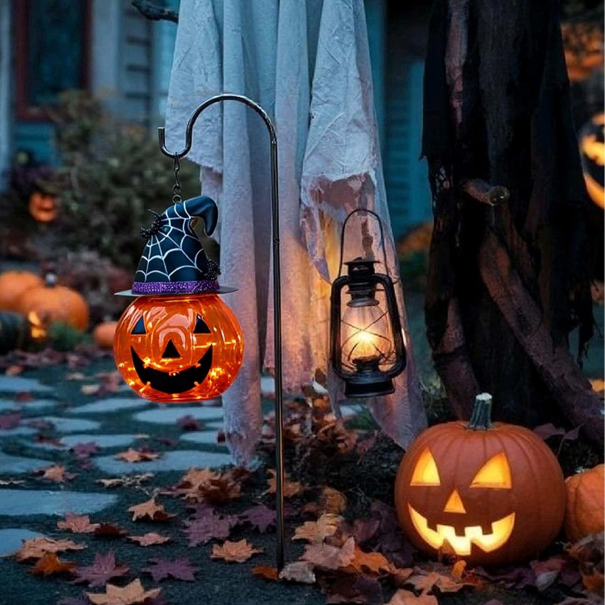 36-Inch Glass Solar Lantern – Pumpkin & Bat Design