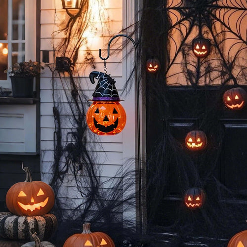 36-Inch Glass Solar Lantern – Pumpkin & Bat Design