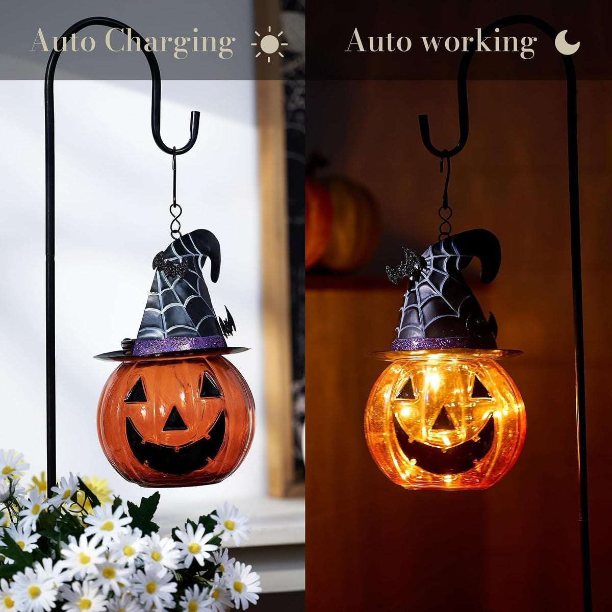 36-Inch Glass Solar Lantern – Pumpkin & Bat Design