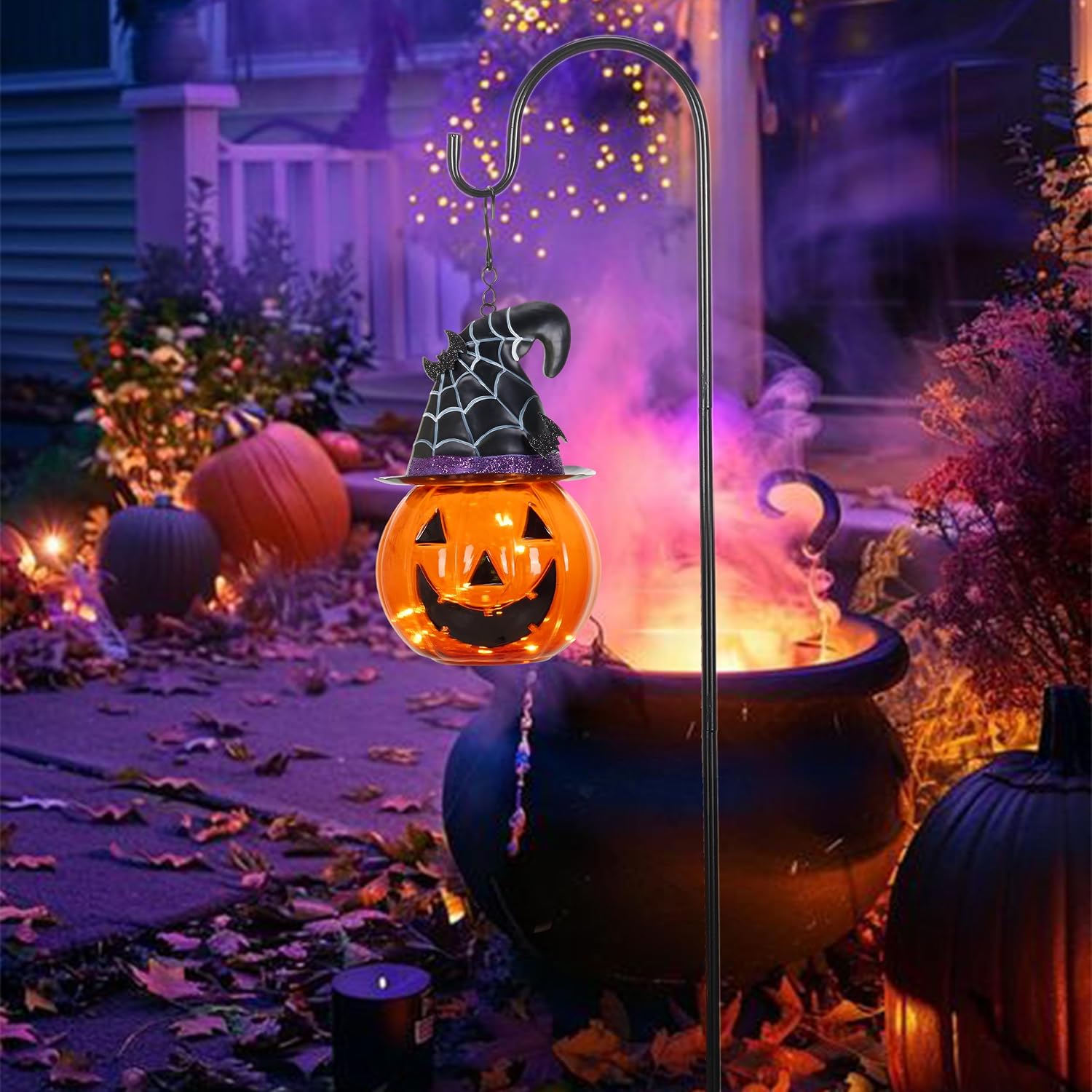 36-Inch Glass Solar Lantern – Pumpkin & Bat Design