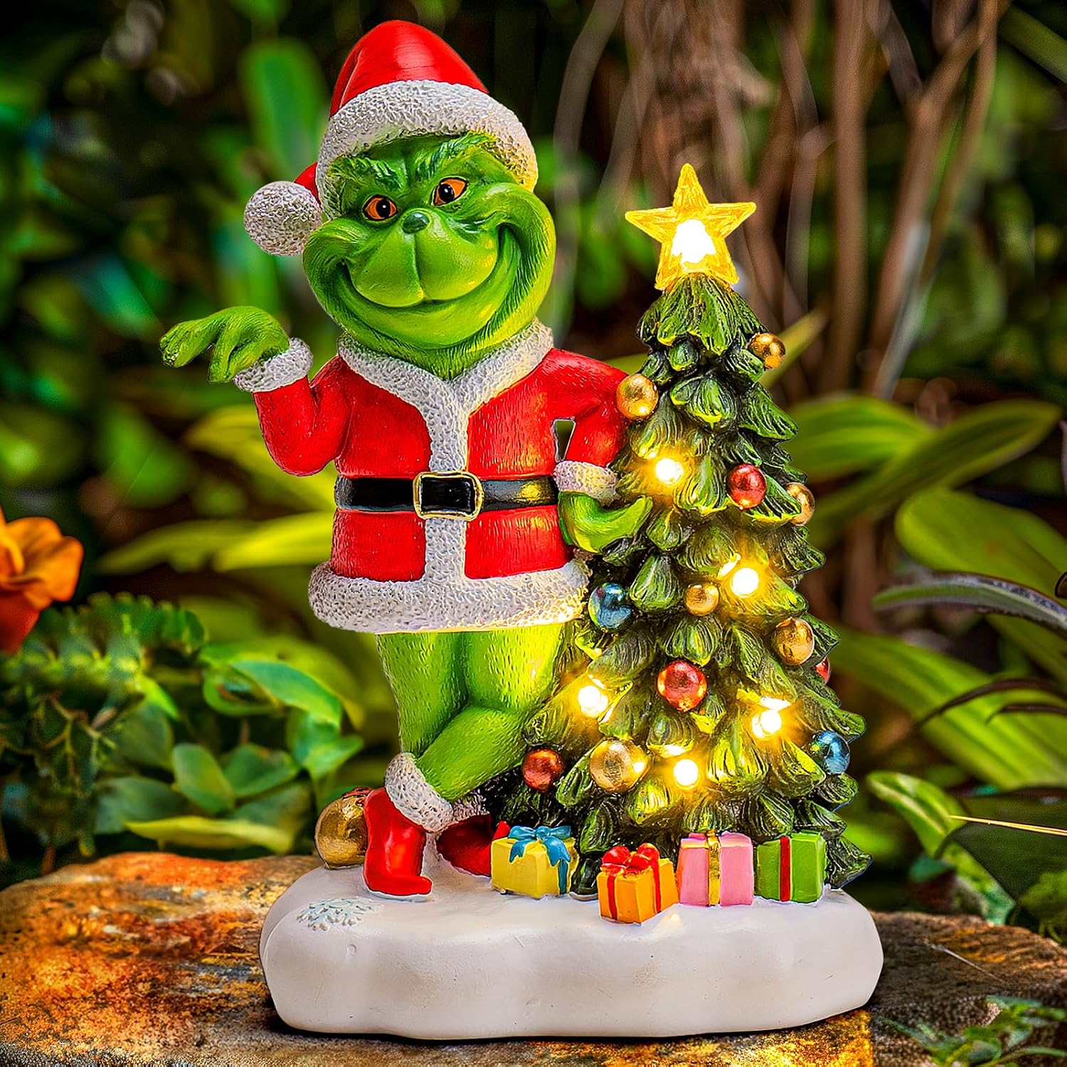 Green Monster Solar Garden Statue with Christmas Tree
