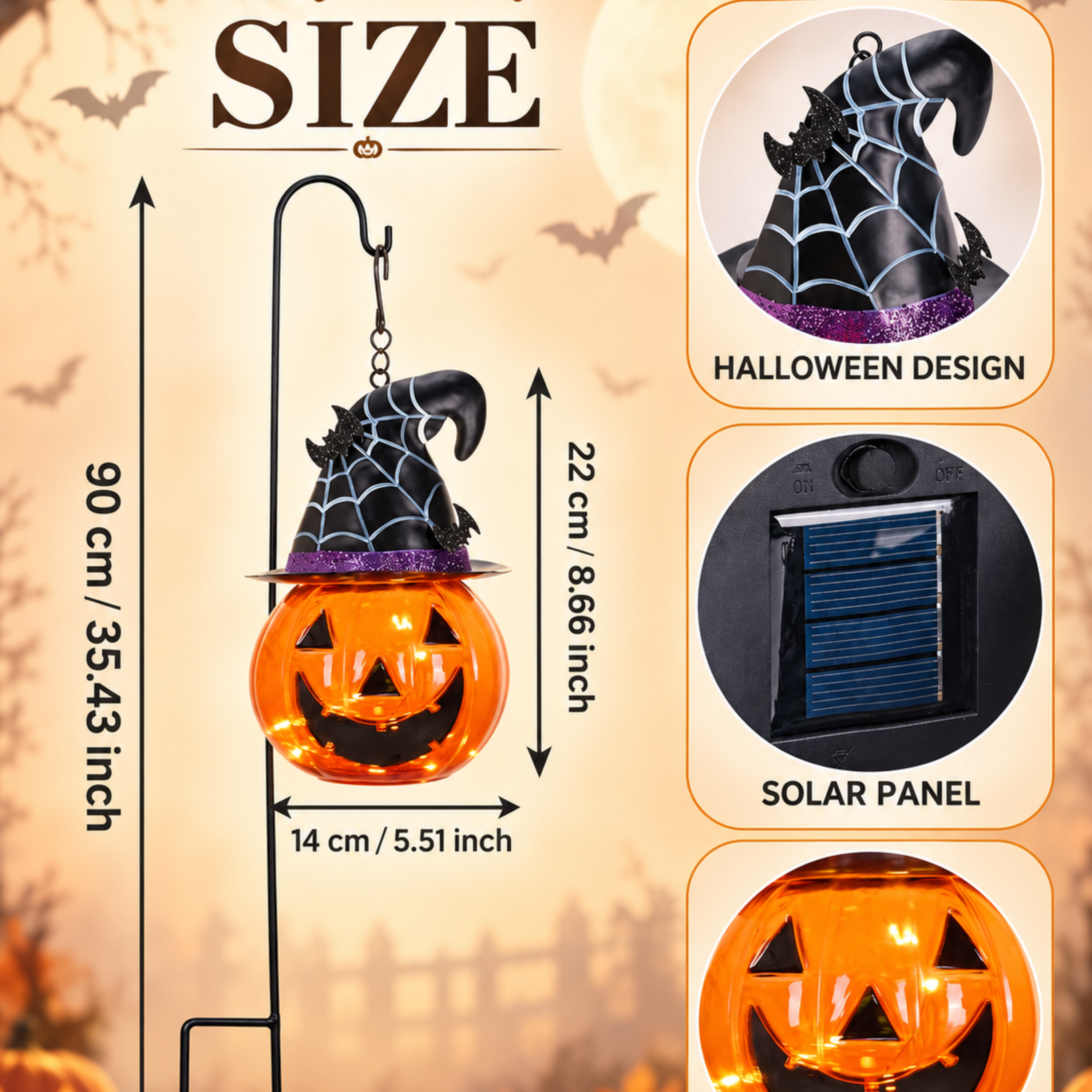 36-Inch Glass Solar Lantern – Pumpkin & Bat Design