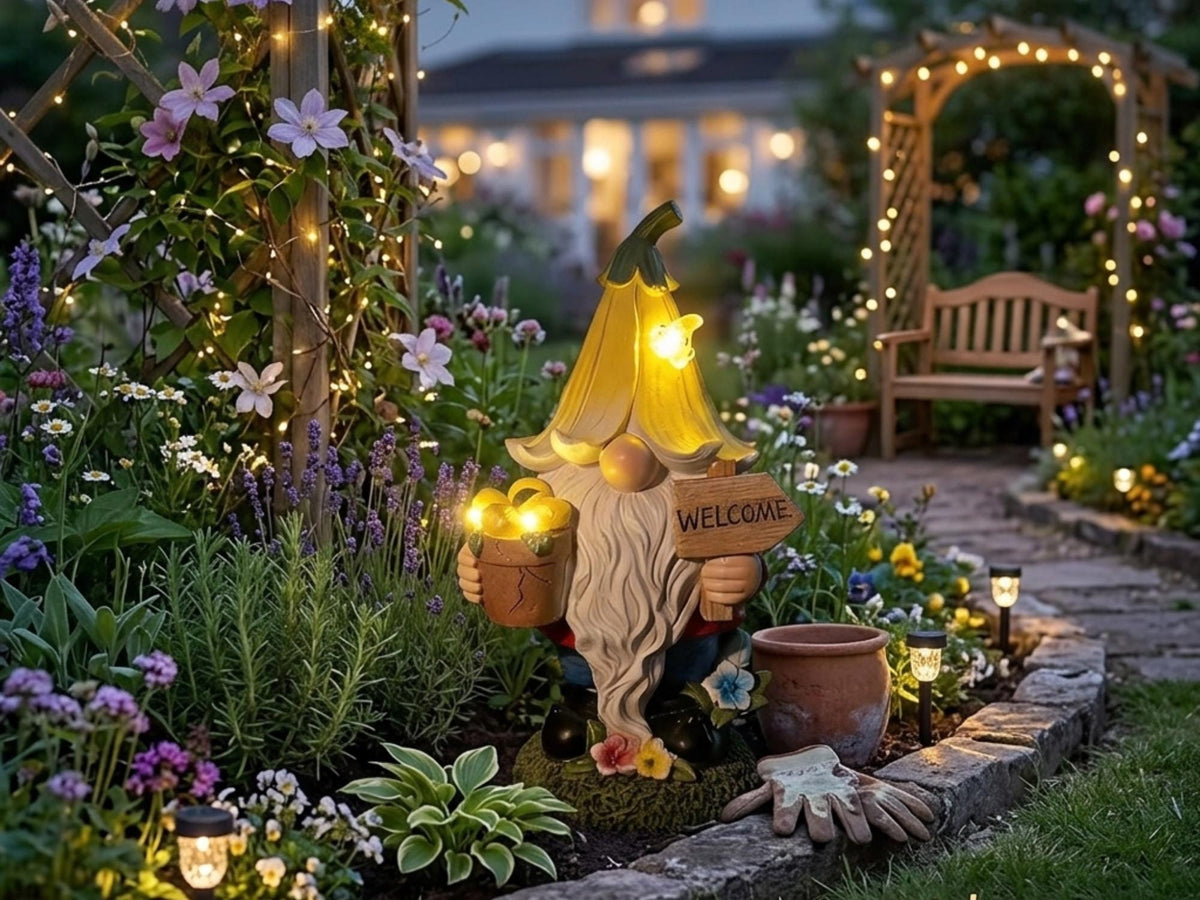 Watering-can welcome gnome pouring solar fairy lights into flowers