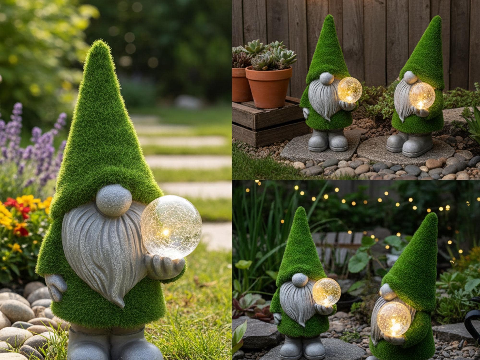 Day and night collage of orb and watering-can solar gnome styles