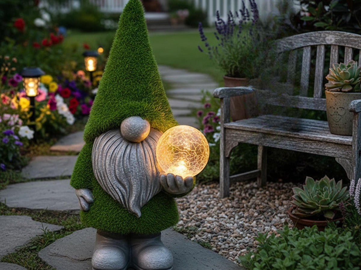 Magic orb solar gnome holding a glowing crackle-effect sphere