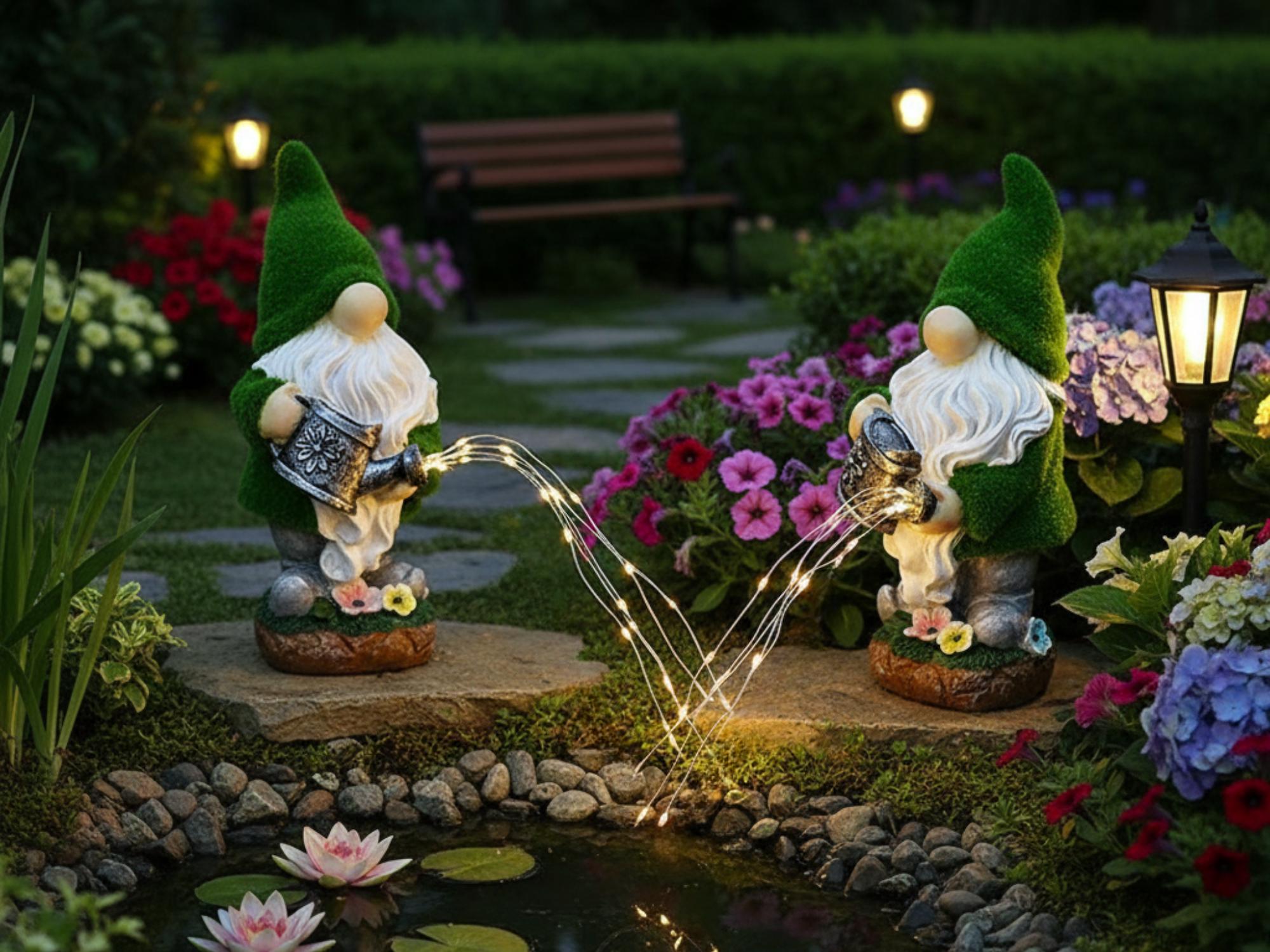 Two solar watering-can gnomes illuminating a garden pond