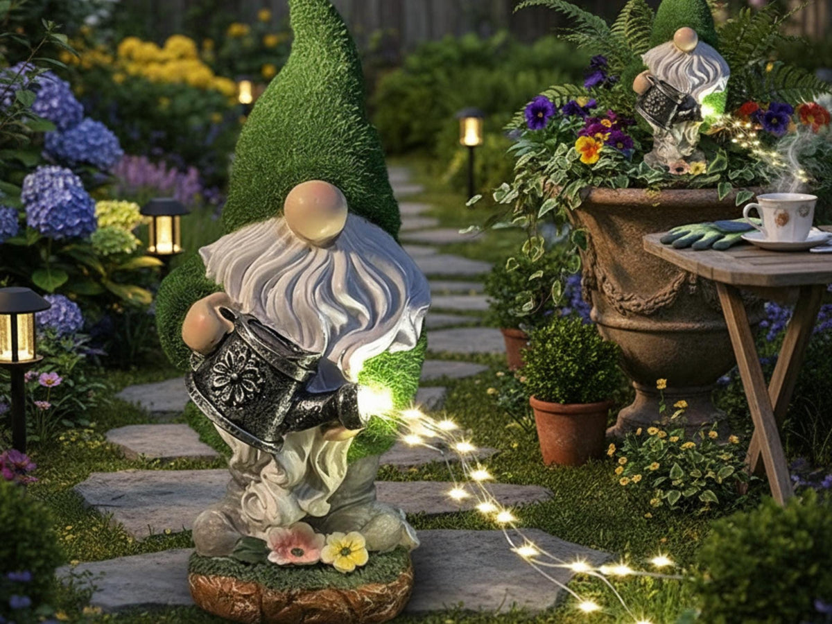 Solar watering-can gnome pouring warm fairy lights into a garden bed