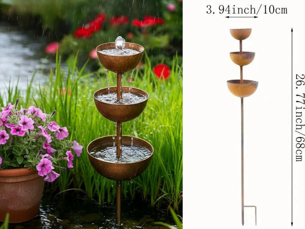 Three-bowl rain catcher stake with 26.77-inch size diagram