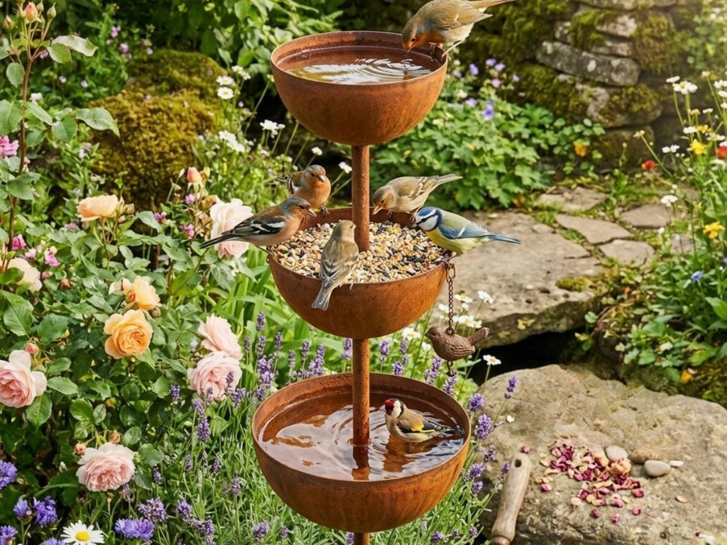 Birds drinking and feeding from a three-tier metal garden stake