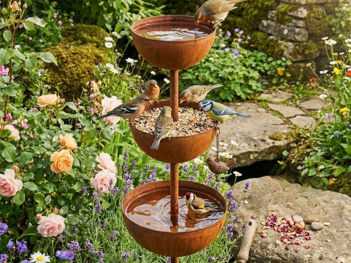 Birds drinking and feeding from a three-tier metal garden stake