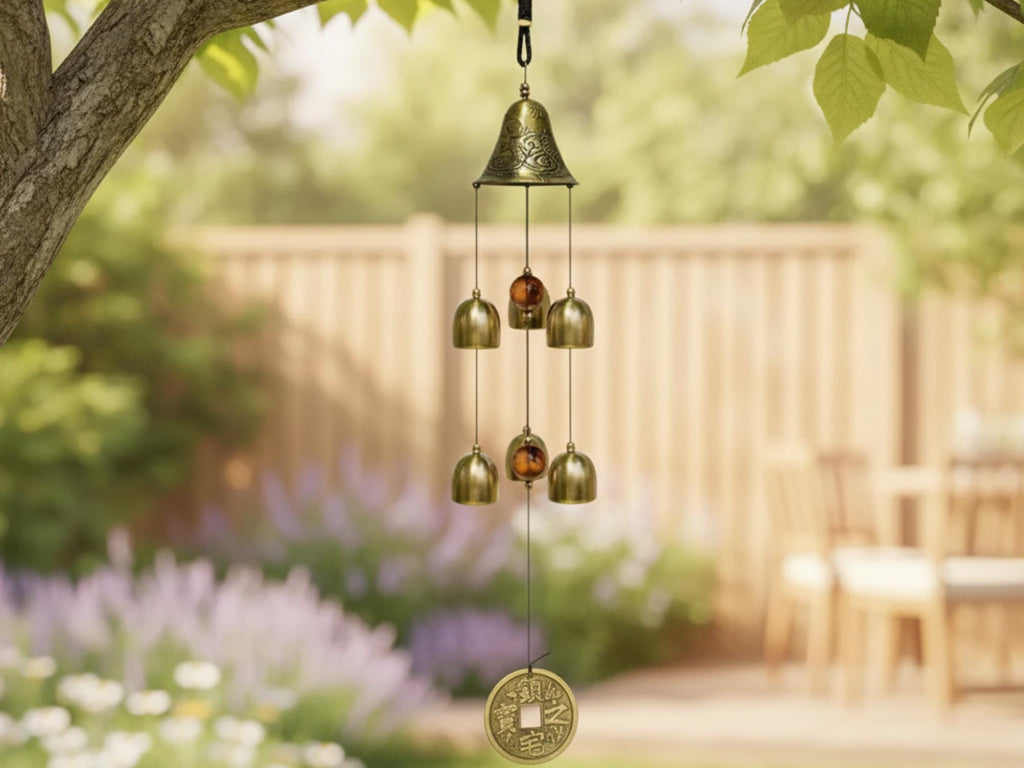 Japanese-inspired garden wind chime hanging near lavender on a patio