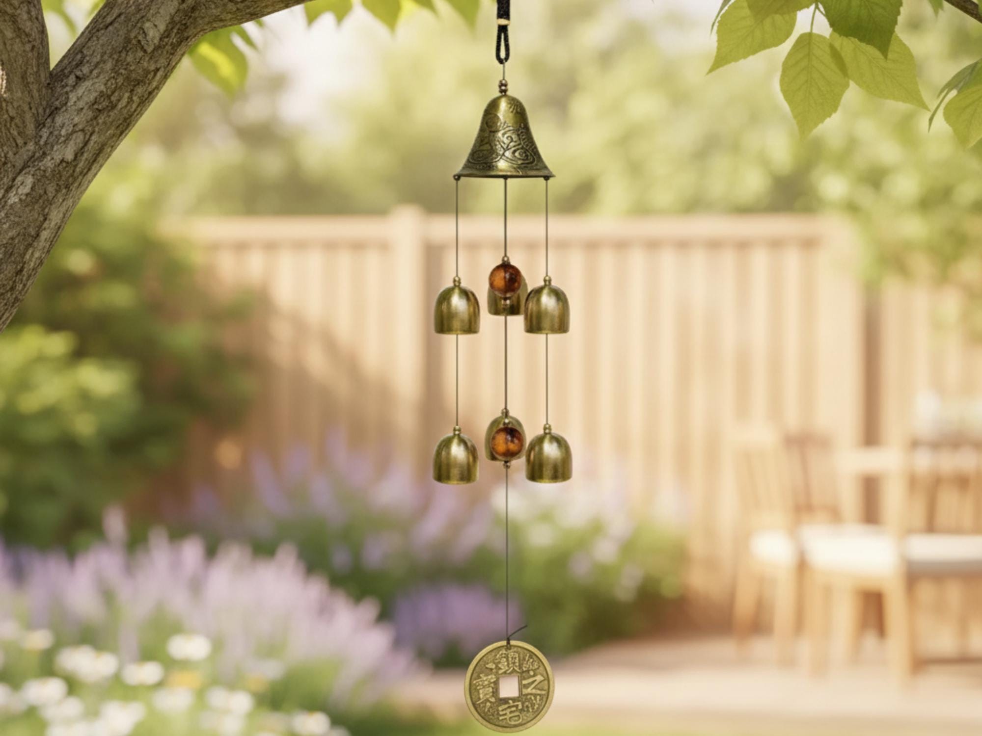 Japanese-inspired garden wind chime hanging near lavender on a patio