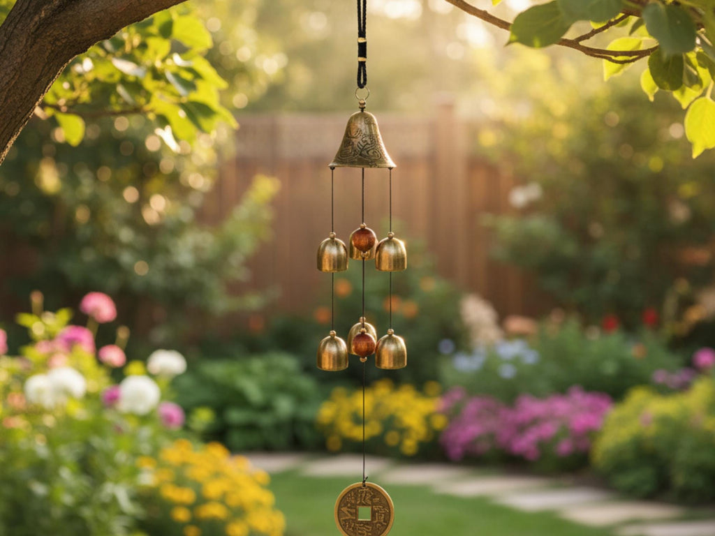 Japanese-style copper bell wind chime hanging in a sunny garden