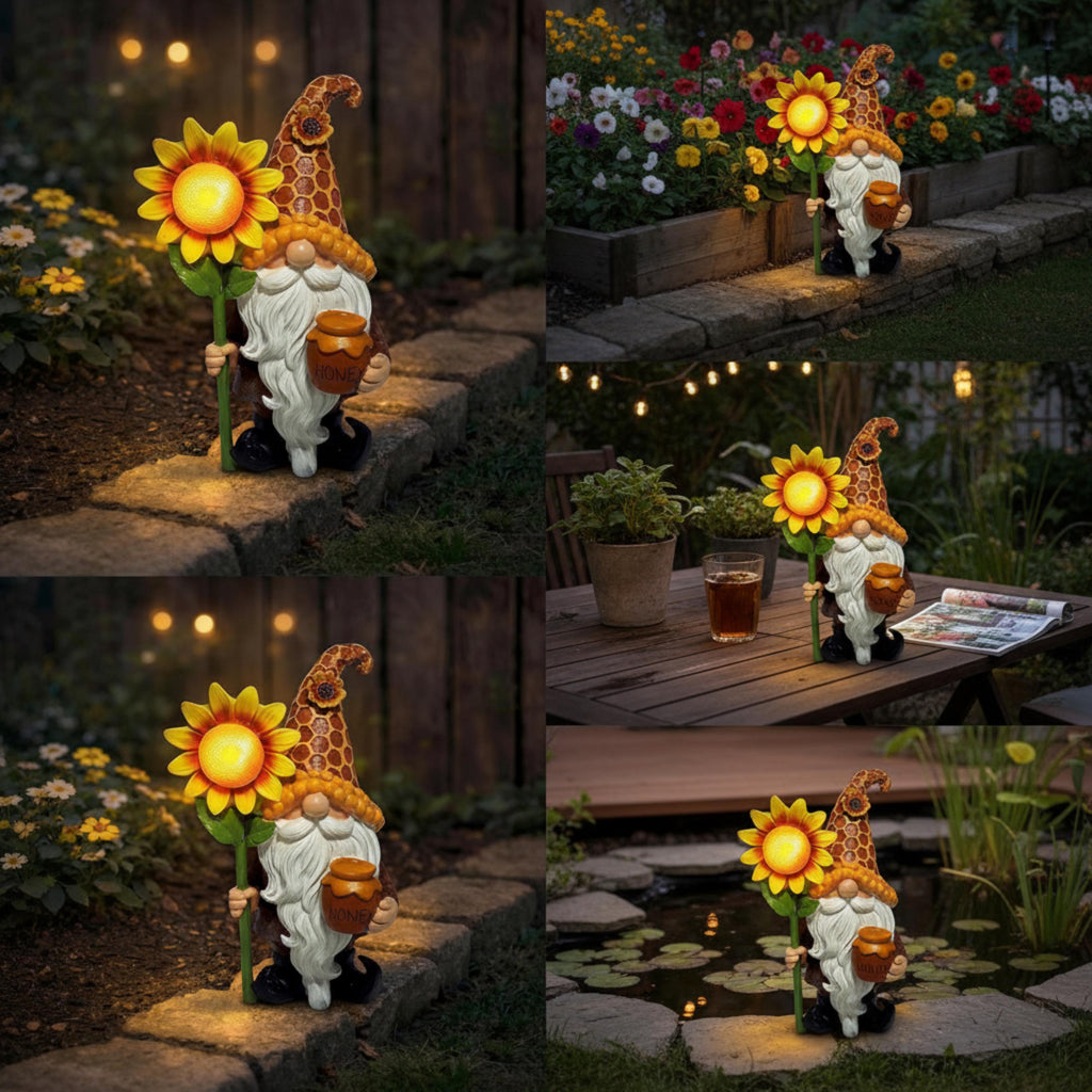 Four garden settings featuring the lighted sunflower gnome statue