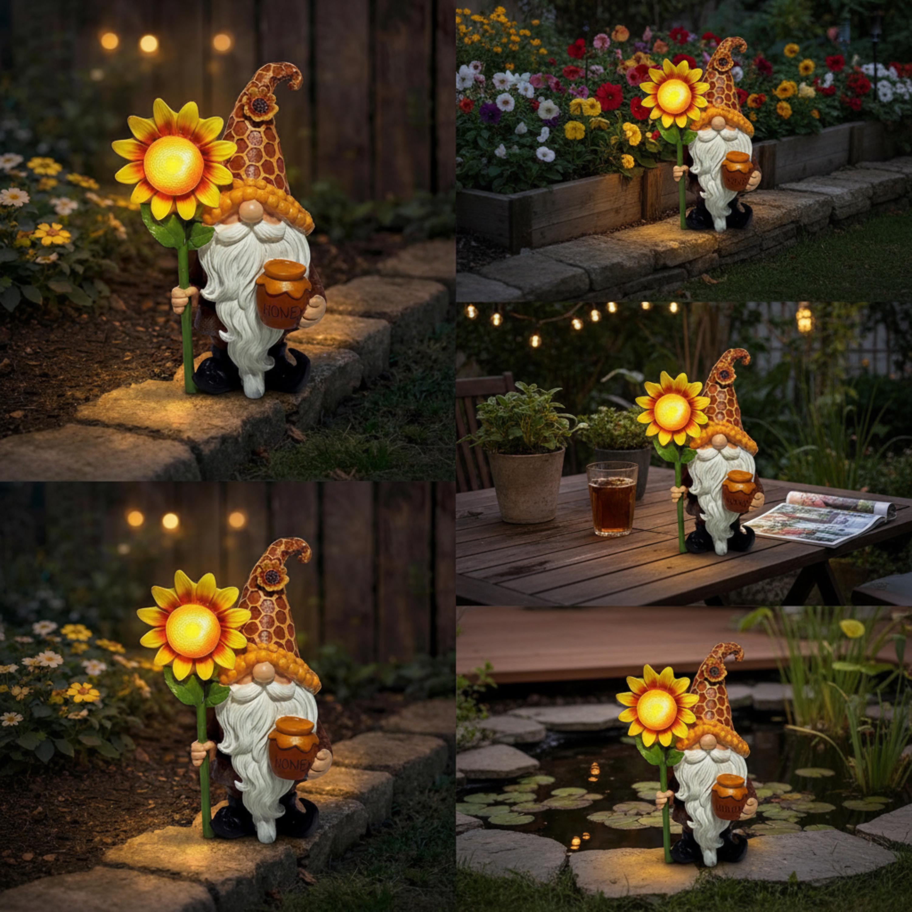 Four garden settings featuring the lighted sunflower gnome statue