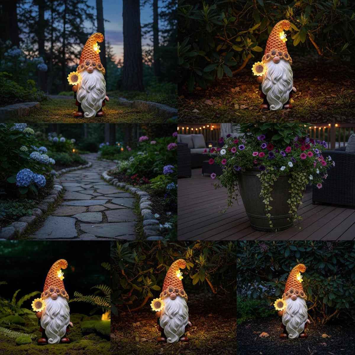 Solar sunflower gnome lighting garden paths and a patio planter