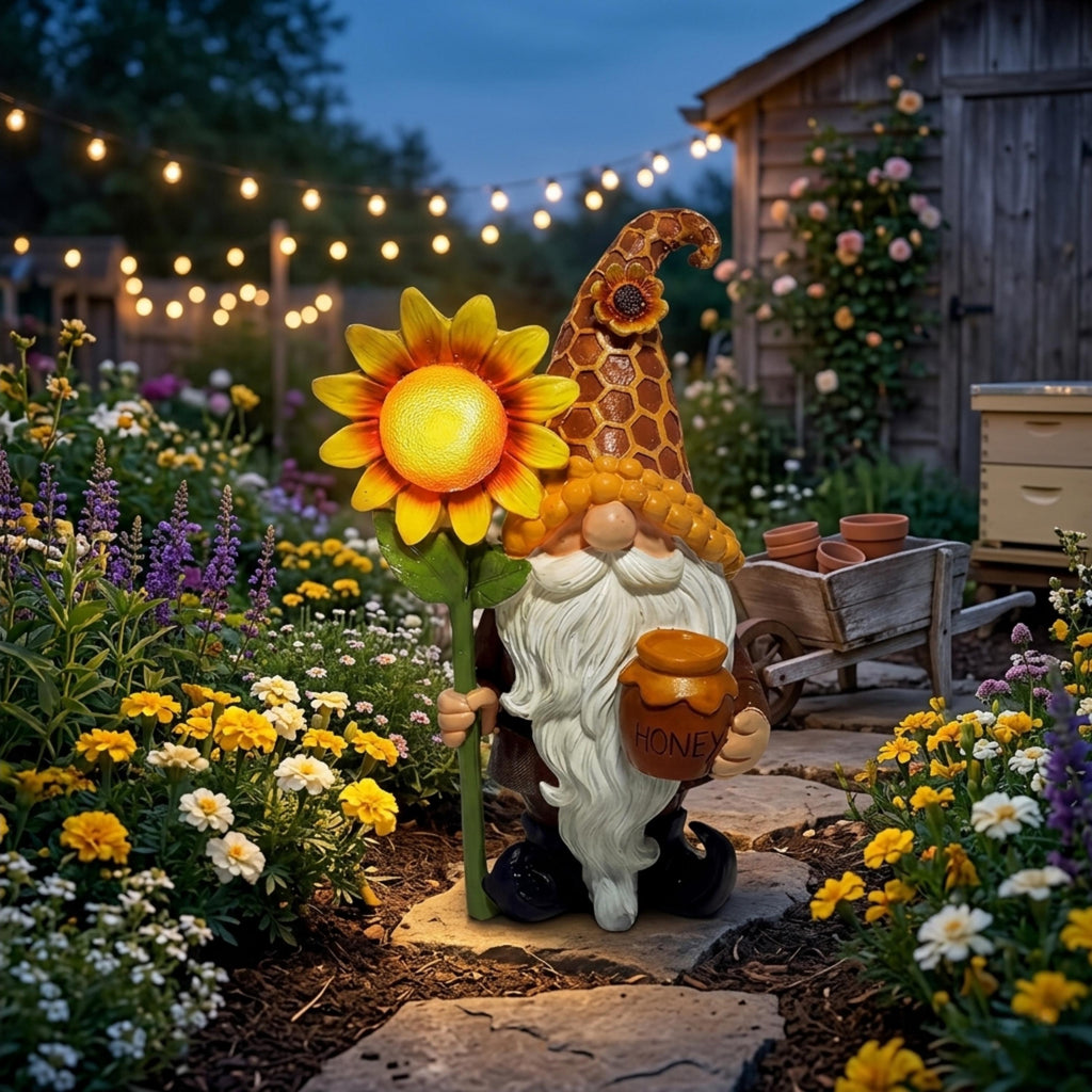 Solar sunflower gnome with honey jar glowing in an evening garden