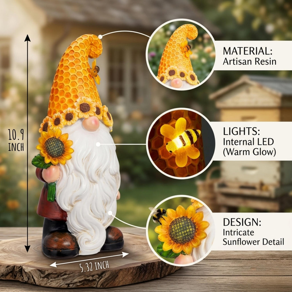 Size and lighting guide for 10.9-inch sunflower garden gnome
