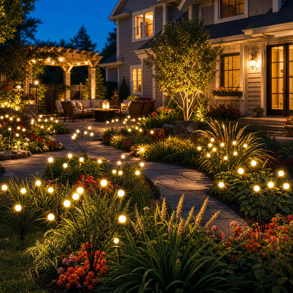 Firefly-style solar garden lights illuminating a landscaped front yard