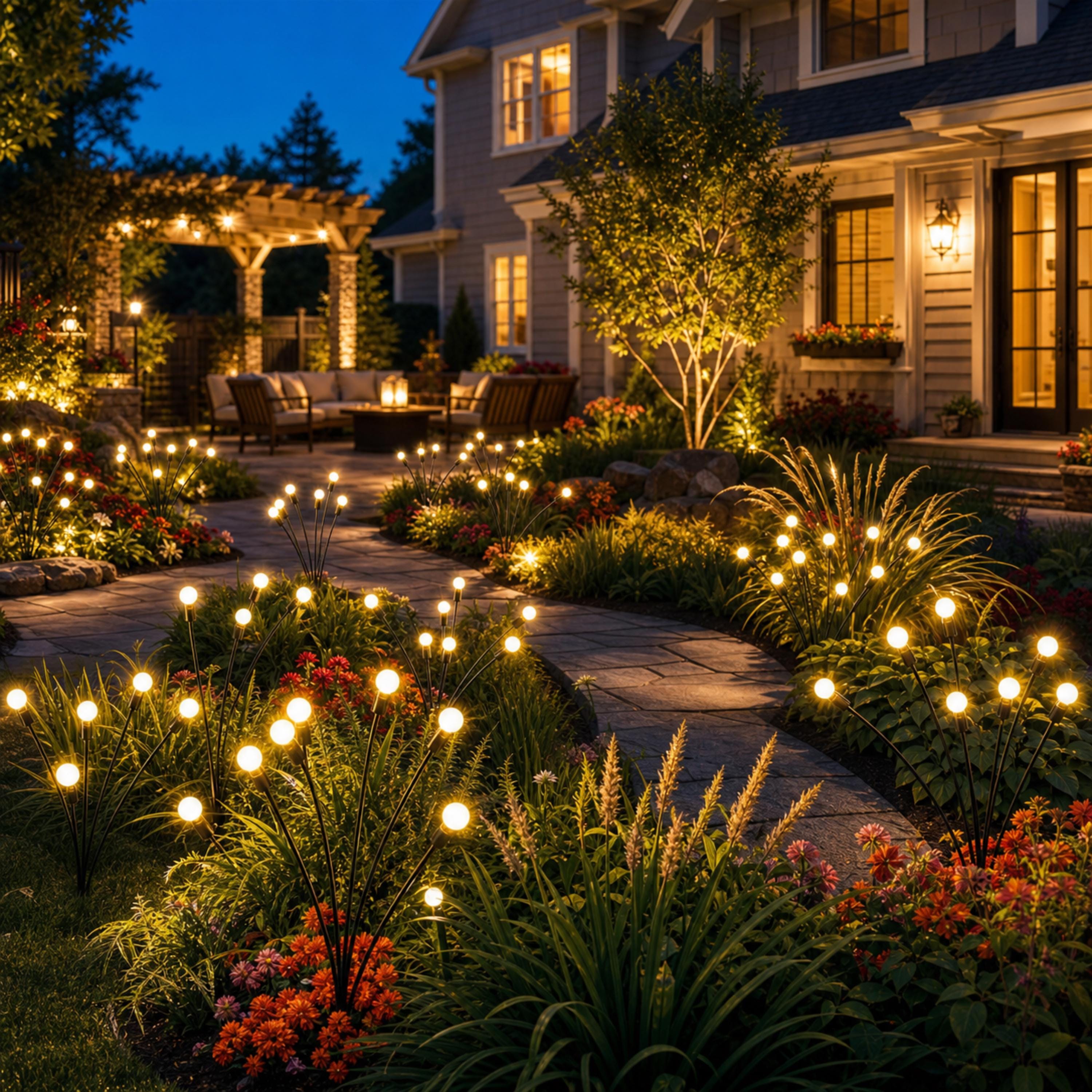 Firefly-style solar garden lights illuminating a landscaped front yard