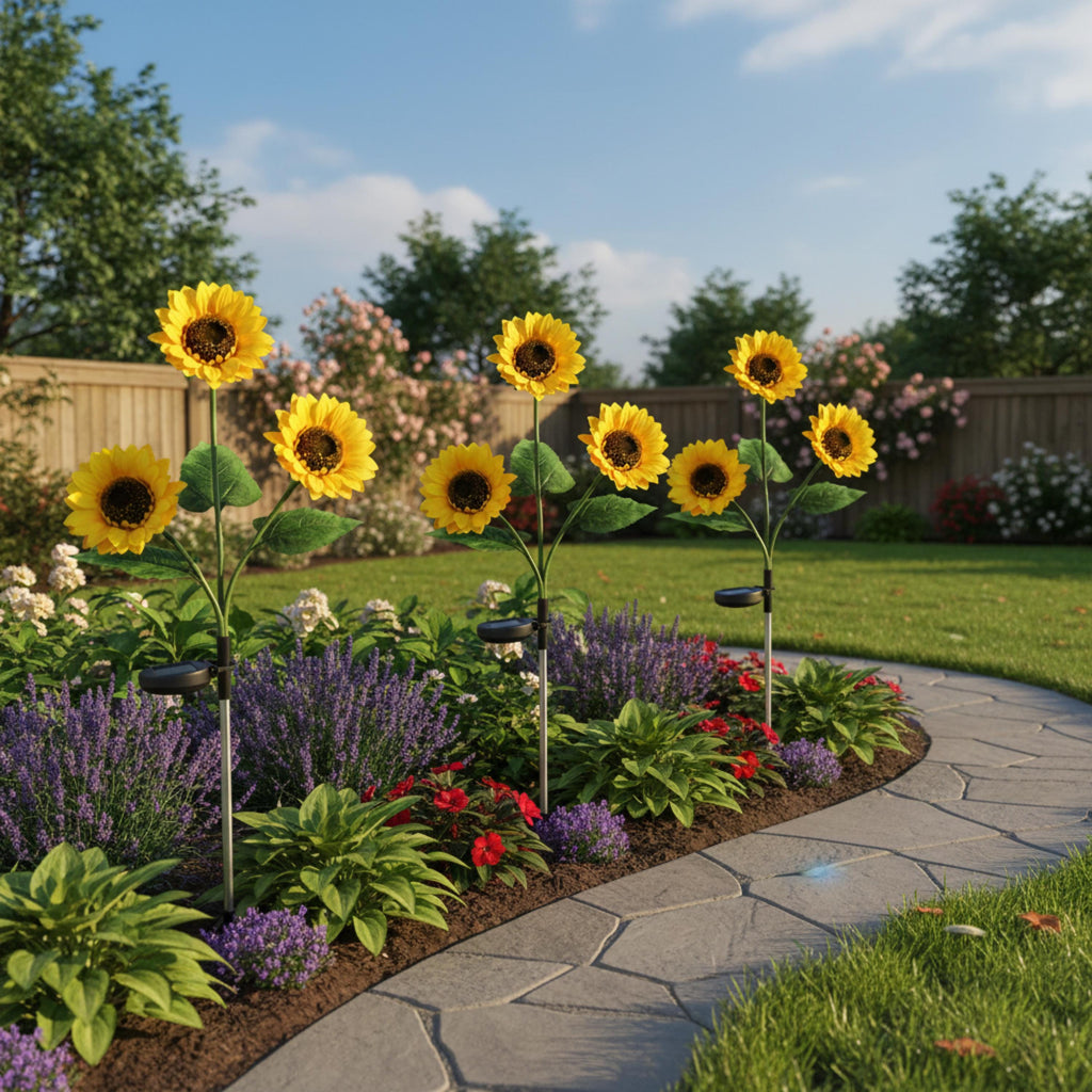 Sunflower solar garden lights displayed in a flower bed during daylight
