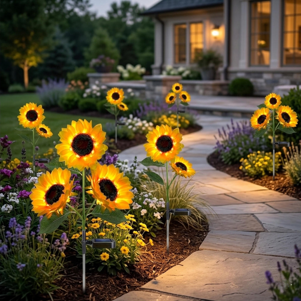 Solar sunflower stake lights illuminating a landscaped walkway
