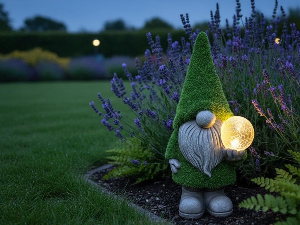 Solar orb gnome lighting lavender at the edge of a lawn