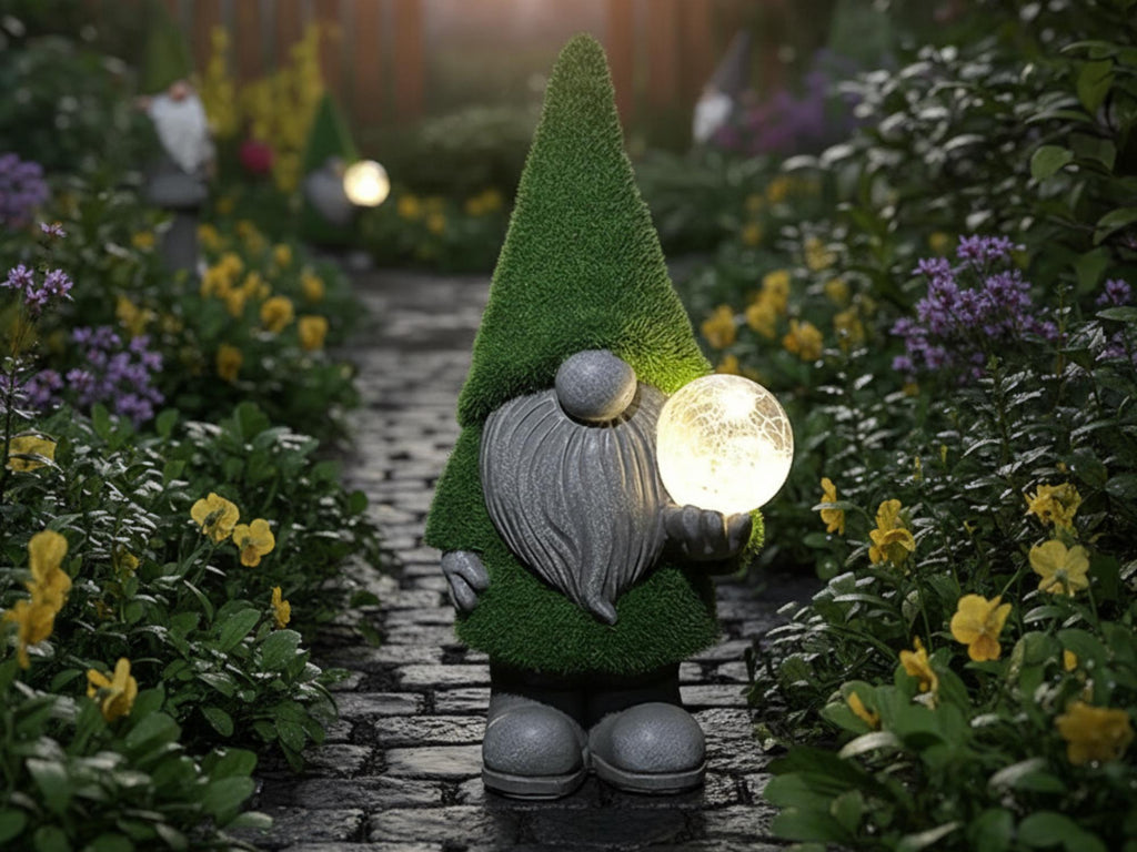 Solar magic orb gnome glowing beside a stone garden walkway