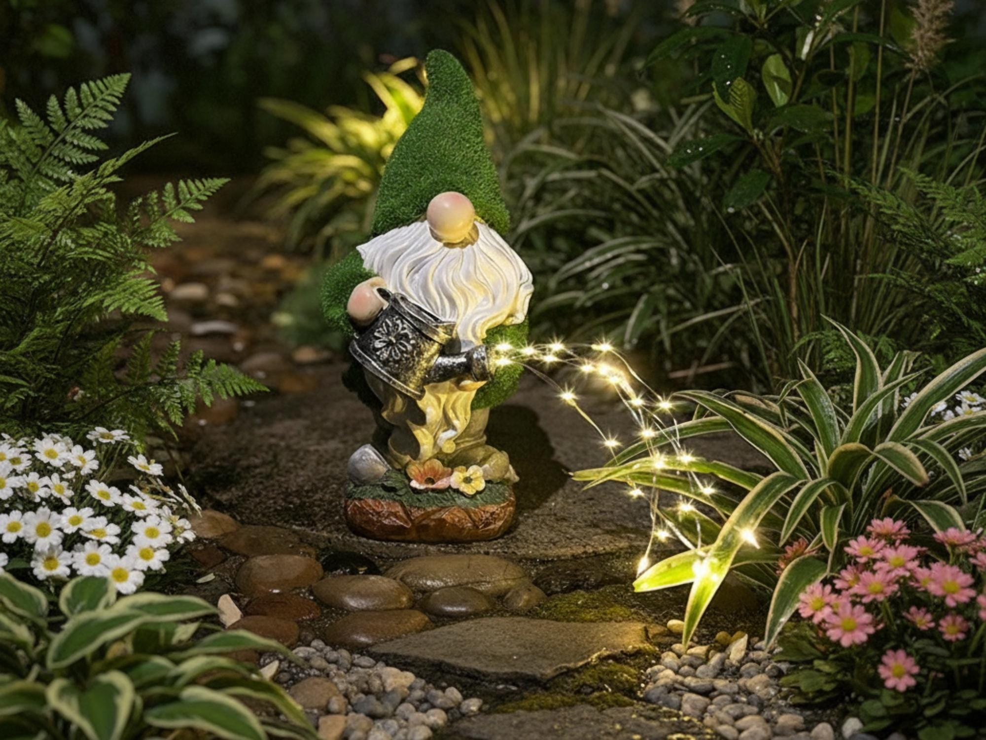 Watering-can garden gnome creating a stream of solar fairy lights