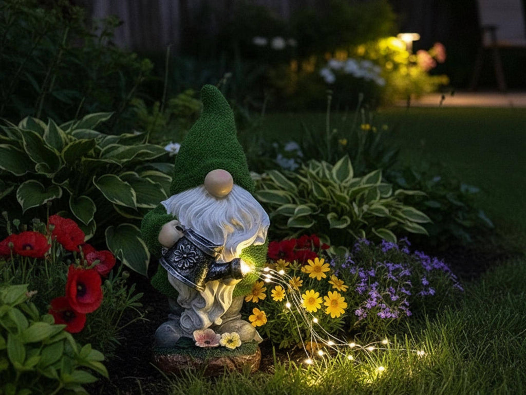 Lighted watering-can gnome among colorful evening flowers