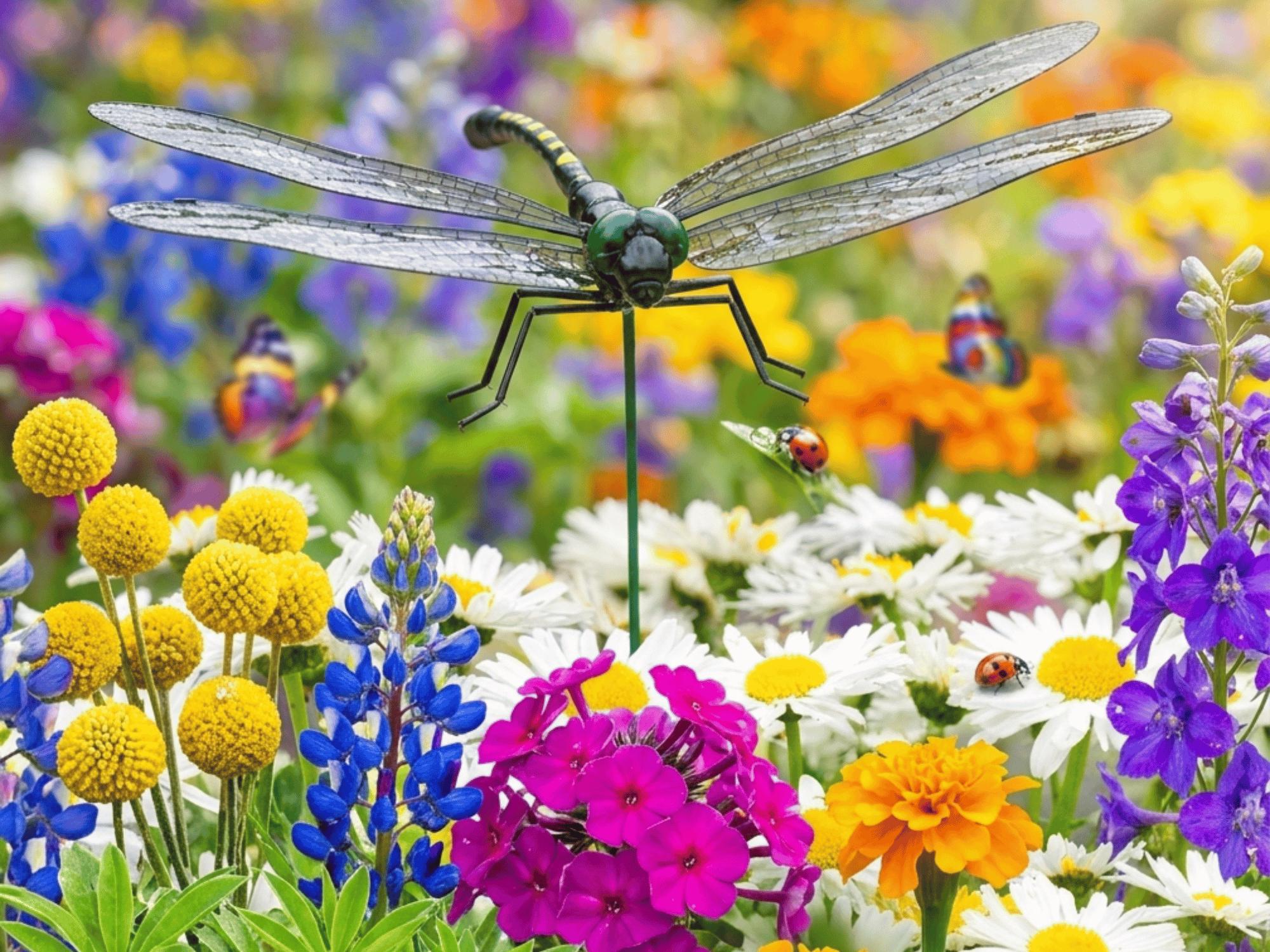 Dragonfly plant stake displayed above colorful garden flowers