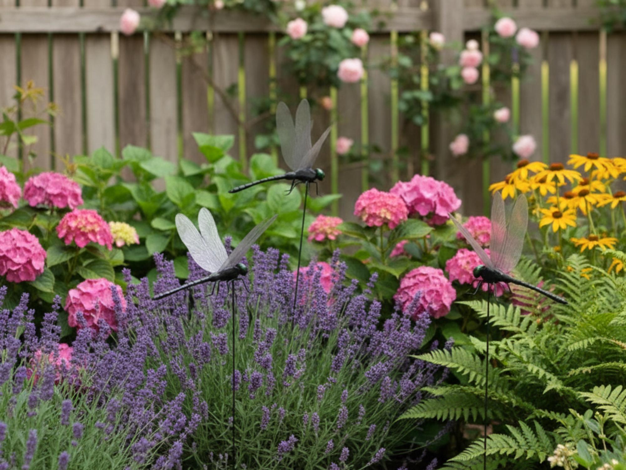 Realistic dragonfly stakes arranged over lavender and hydrangeas