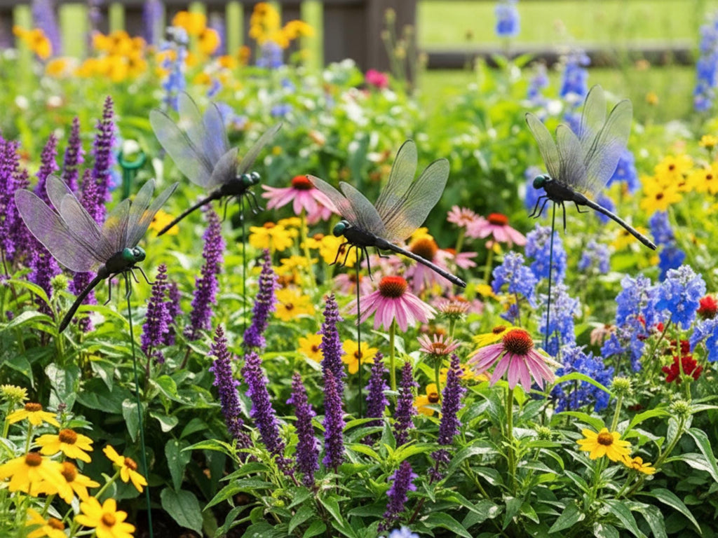 Dragonfly garden stakes adding movement above cottage flowers