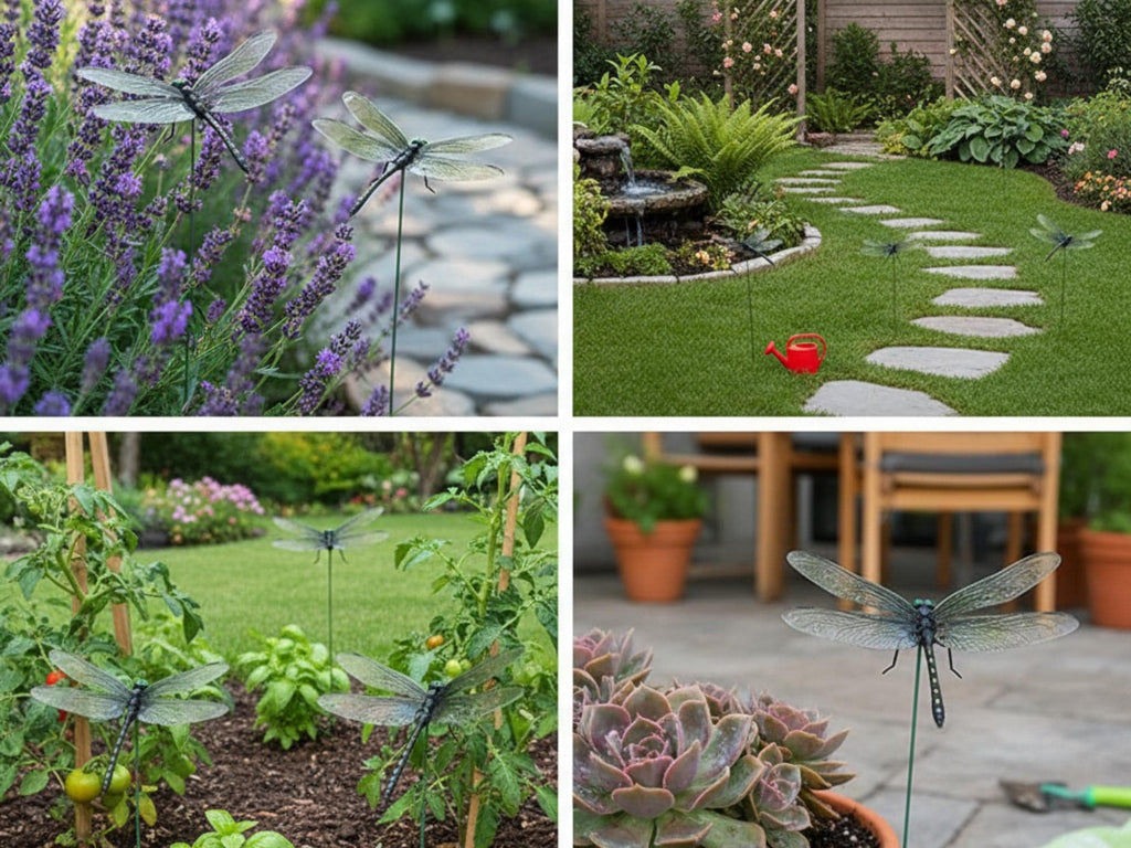 Collage showing dragonfly stakes in lawns garden pots and patio planters
