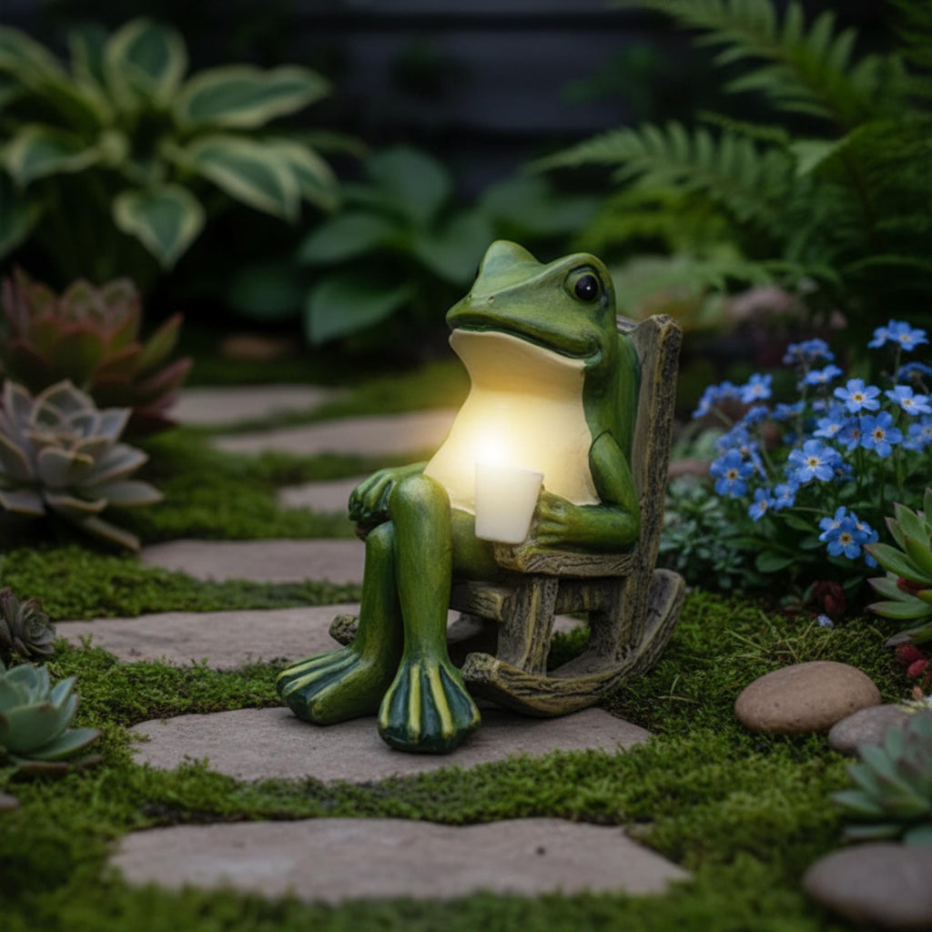 Solar frog statue with warm lantern beside a garden path and blue flowers