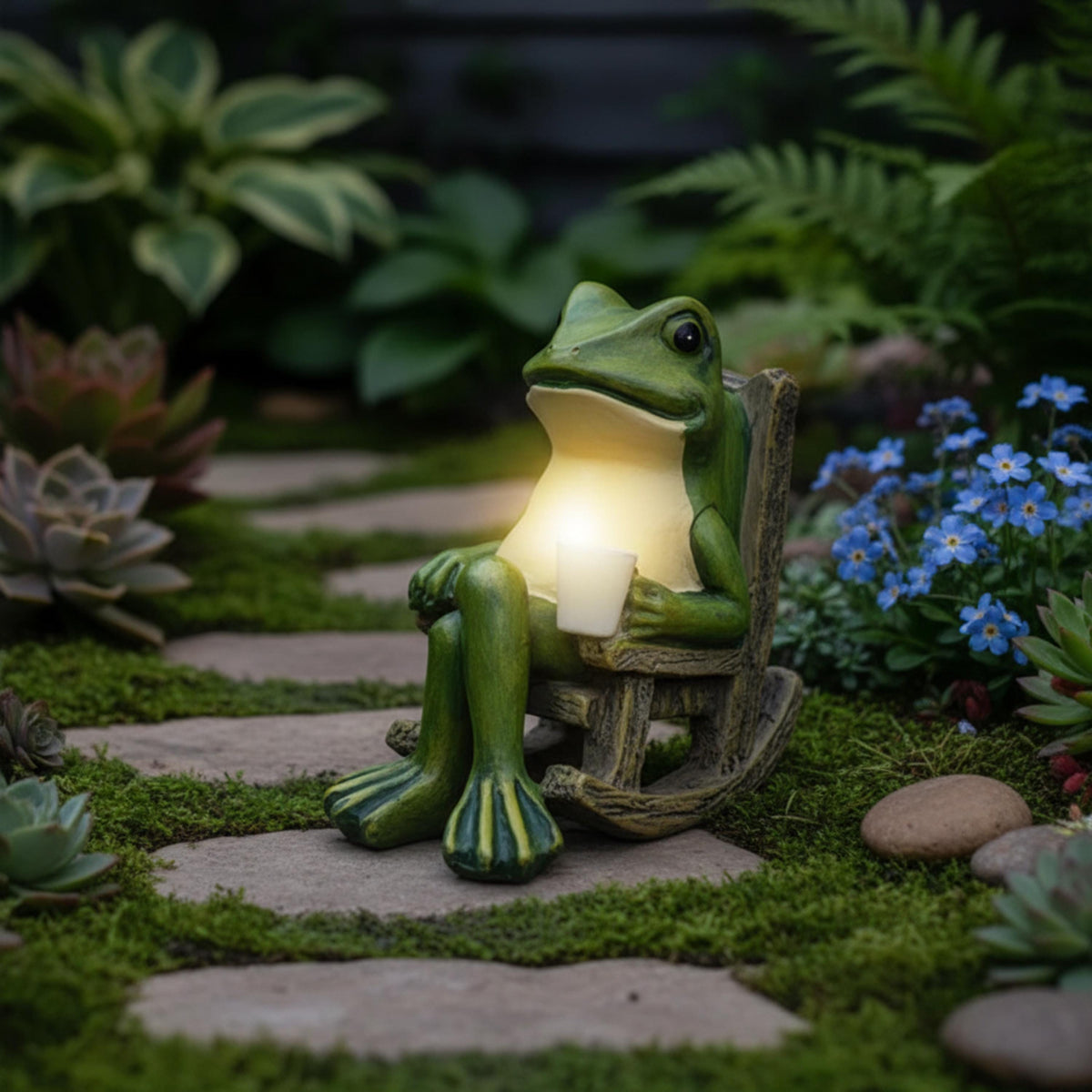 Solar frog statue with warm lantern beside a garden path and blue flowers