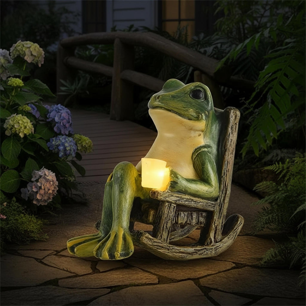 Glowing frog rocking chair statue in a shaded garden corner