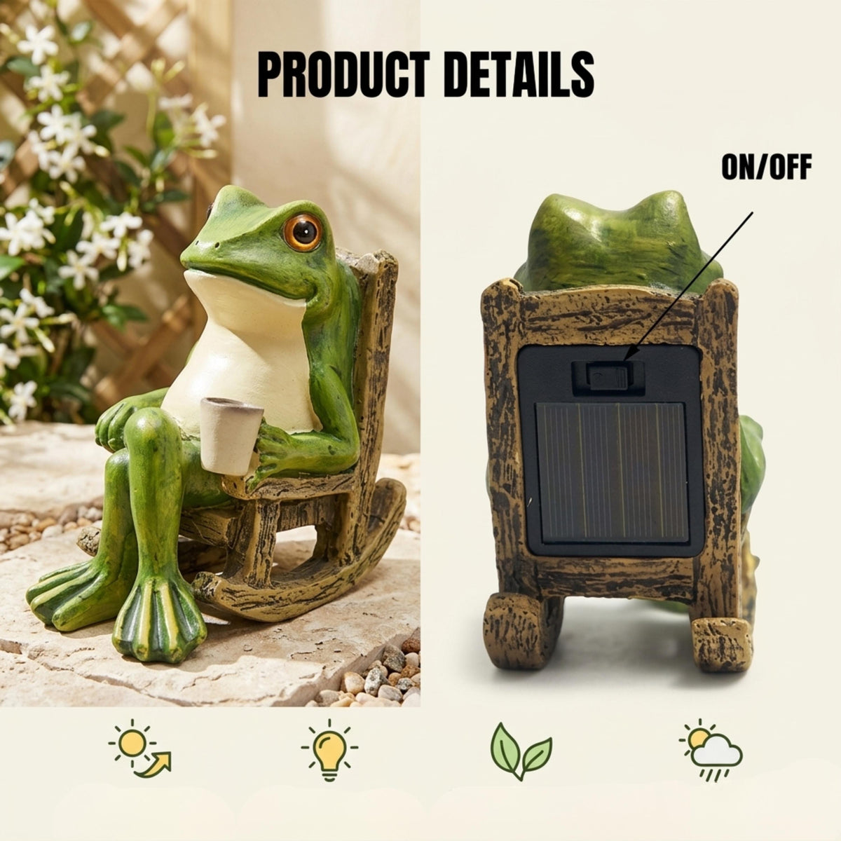 Front and back product details showing solar panel and on off switch