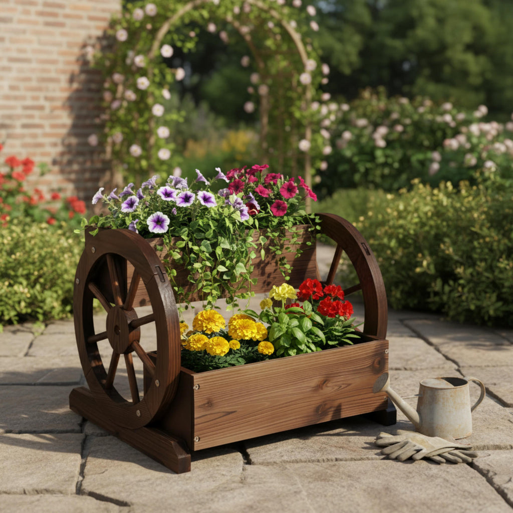 Wooden cart planter with colorful flowers on a stone patio