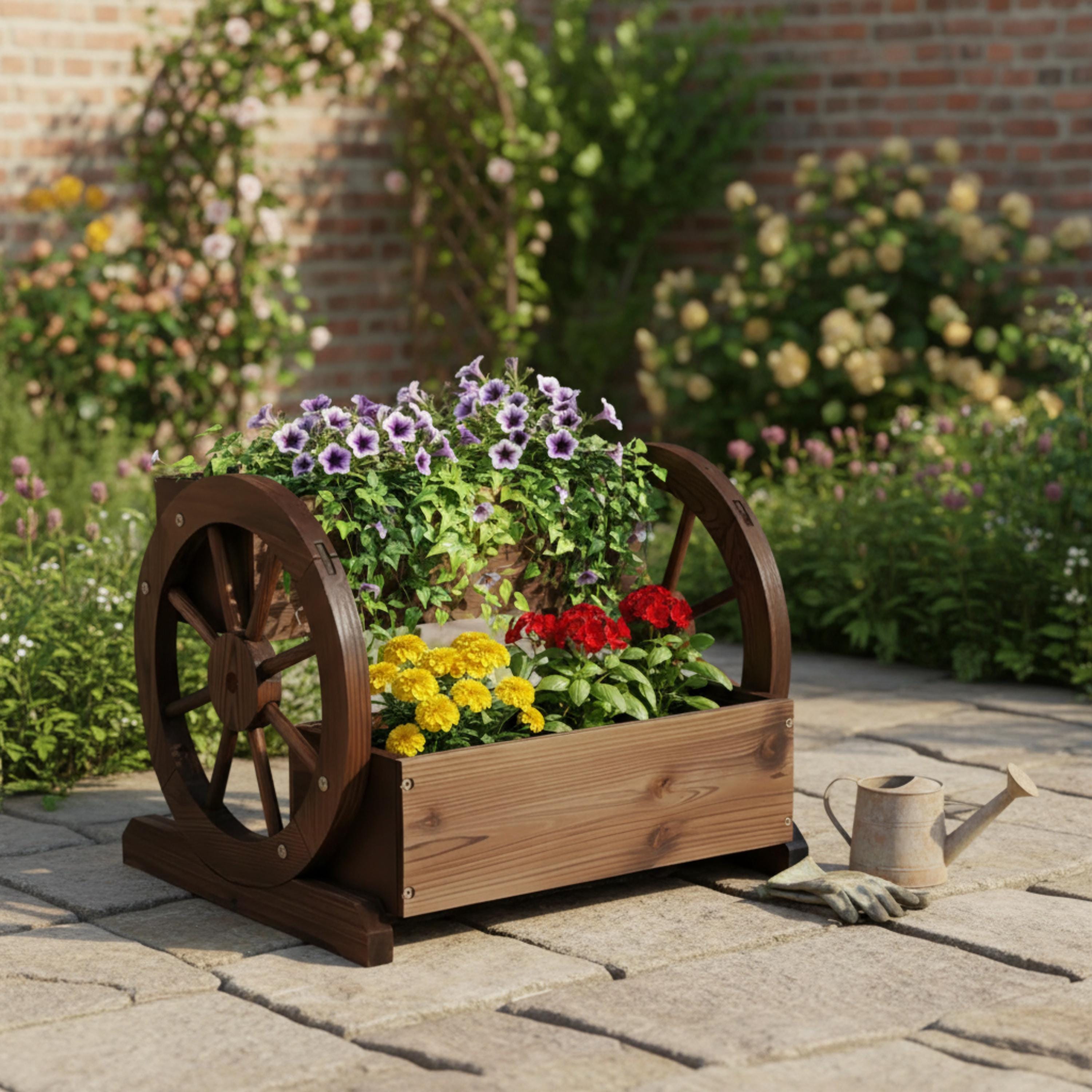 Wooden wagon planter with red yellow and purple flowers on a patio