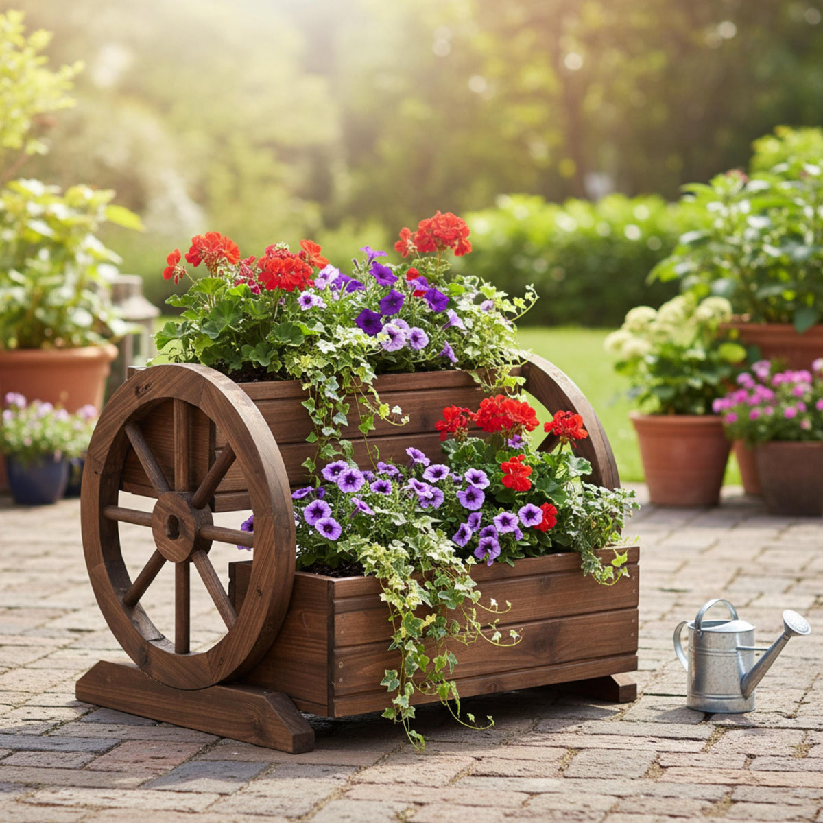 Cedar wagon flower box with trailing plants beside a watering can