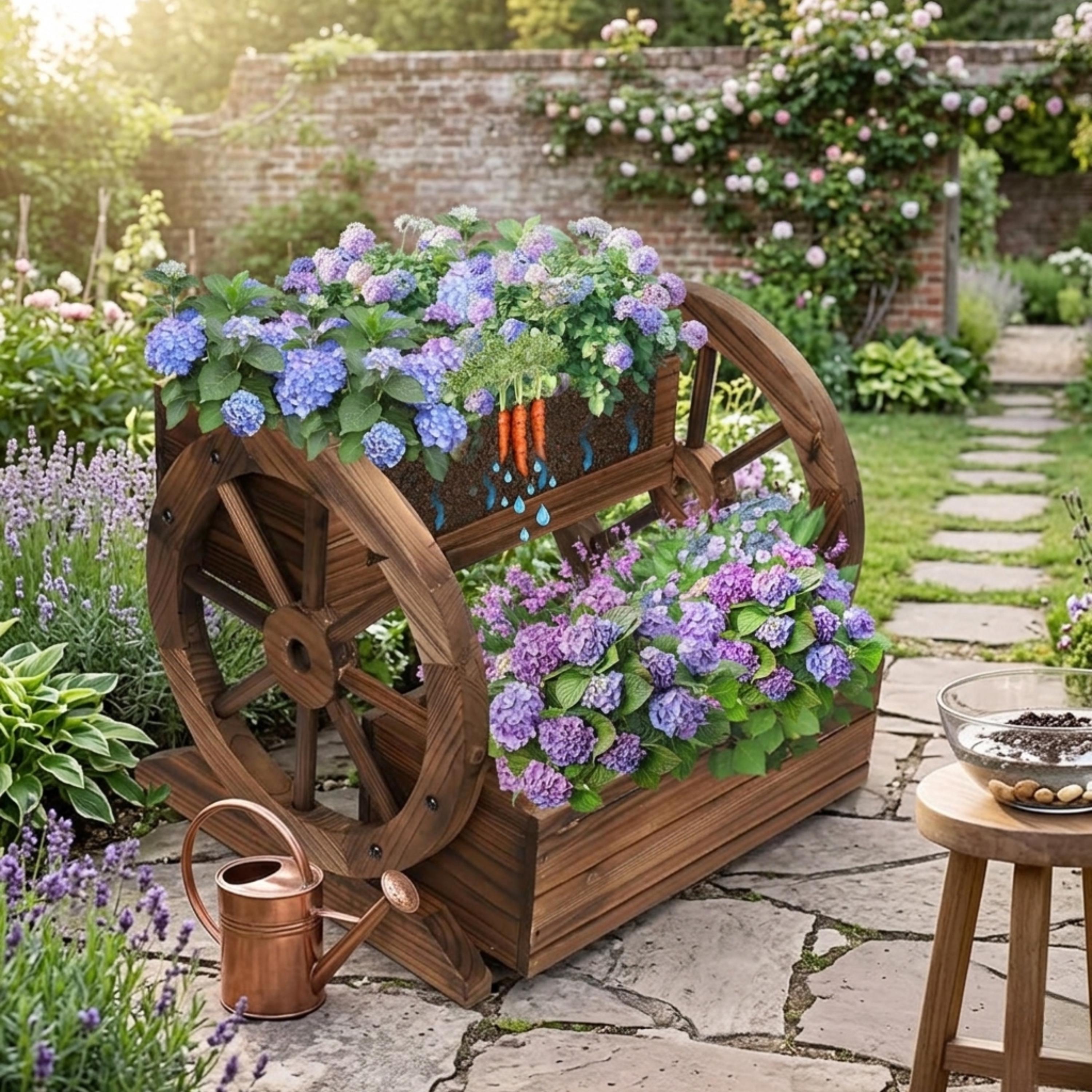 Rustic wagon planter filled with blue hydrangeas in a garden