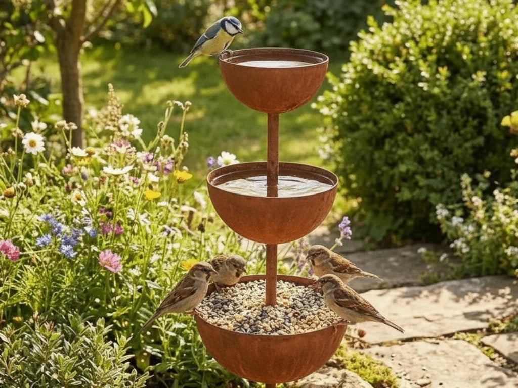 Birds perched on a rustic three-tier water and seed station